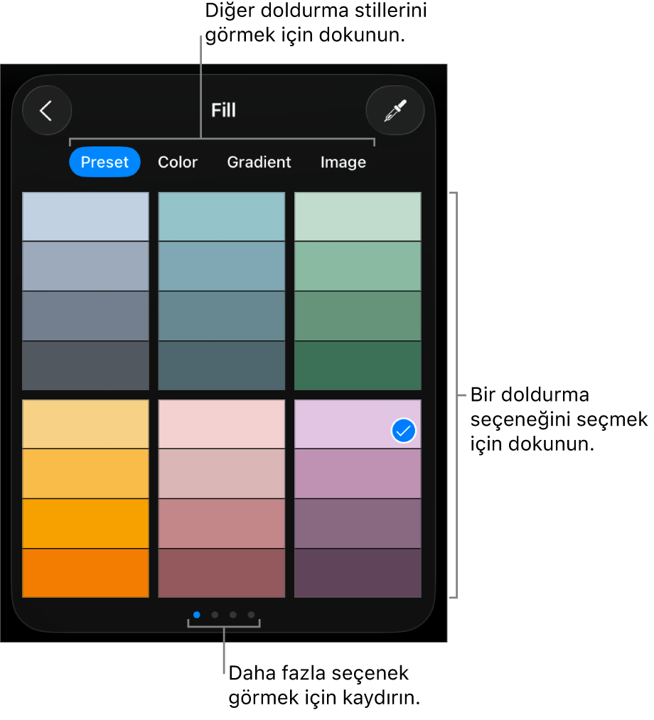 Stil sekmesinde Doldurma seçenekleri.
