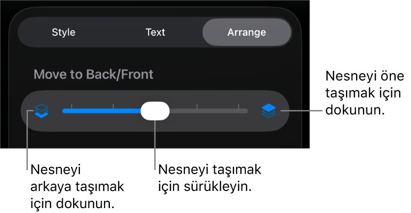 Geri Taşıma düğmesi, İleri Taşıma düğmesi ve katmanlama sürgüsü.