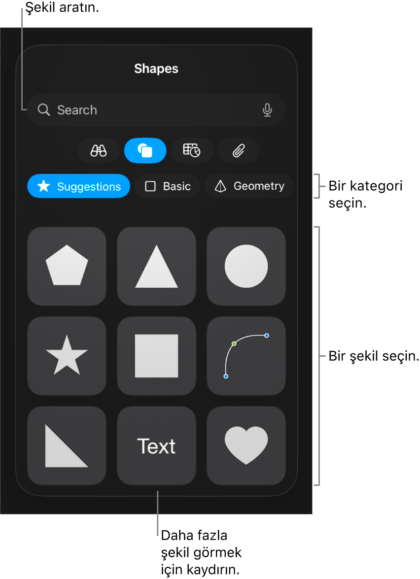 En üstte kategorilerin ve onun altında şekillerin gösterildiği şekil arşivi. Şekilleri bulmak için en üstteki arama alanını kullanabilir ve daha fazlasını görmek için kaydırabilirsiniz.