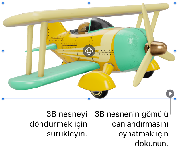 Ortasında Döndür düğmesi ve sağ alt köşede Oynat düğmesi bulunan bir 3B nesne.