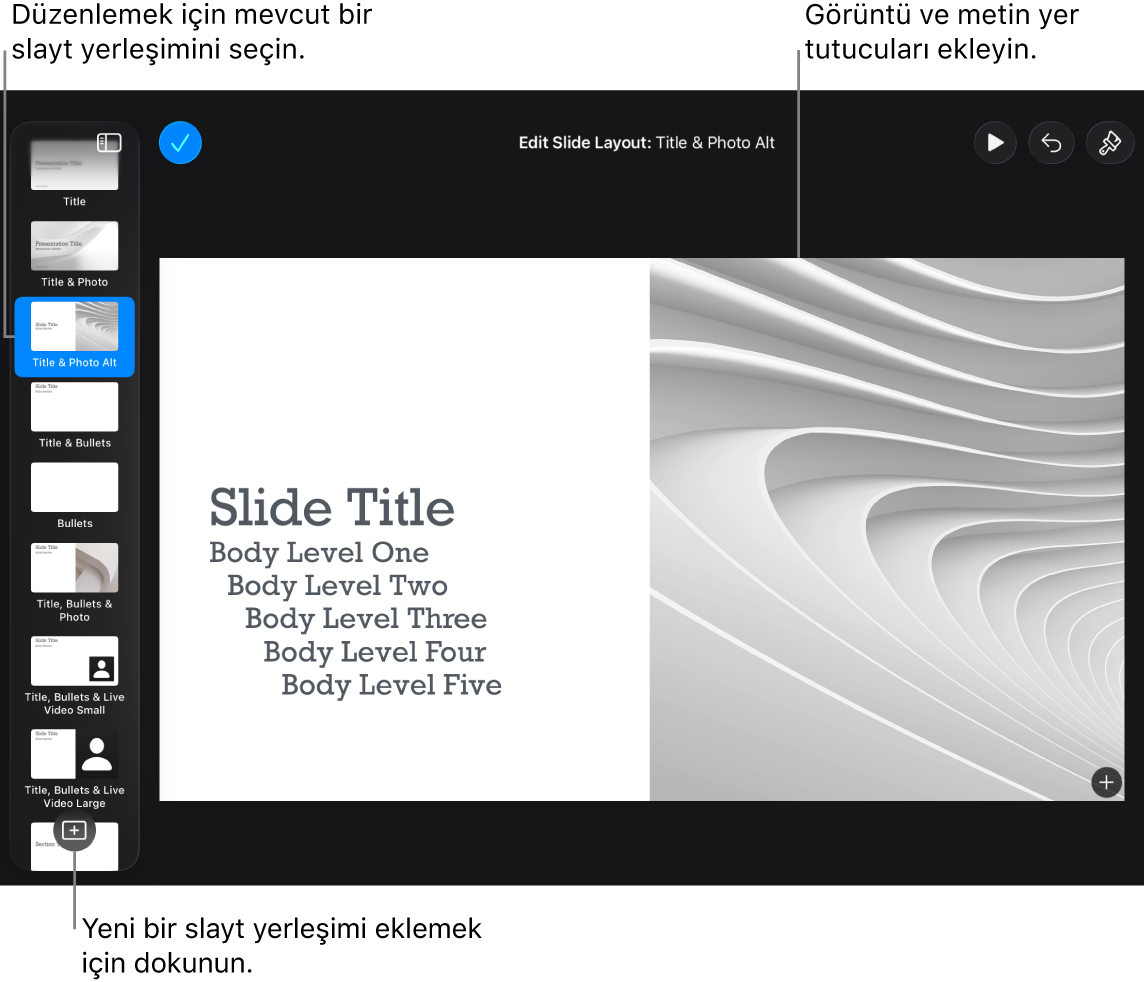 Slayt tuvalini gösteren ve slayt gezgininin en altında Slayt Yerleşimi Ekle düğmesi bulunan bir slayt yerleşimi.