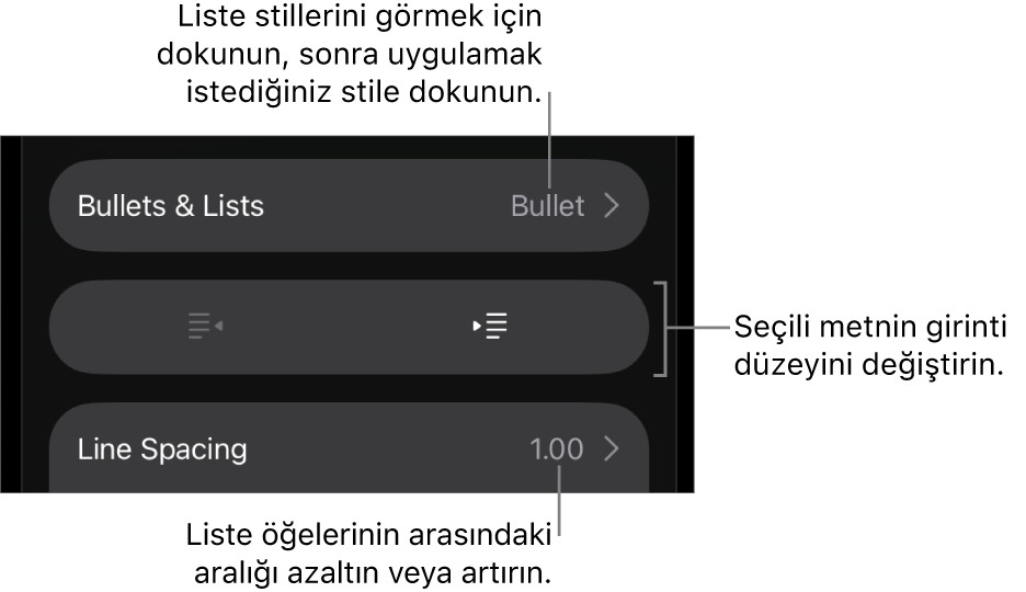 Madde İşaretleri ve Listeler, çıkıntı ve girinti düğmeleri ve de satır aralığı denetimlerini gösteren belirtme çizgileri ile Biçim denetimlerinin Madde İşaretleri ve Listeler bölümü.