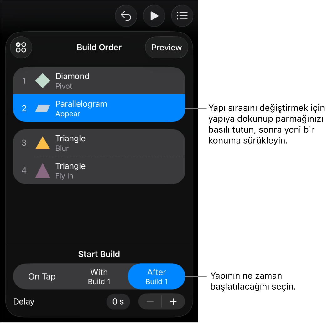 İçeride oluştur efektlerini sarı işaretle ve dışarıda oluştur efektlerini gri işaretle gösteren Yapı Sırası listesi.