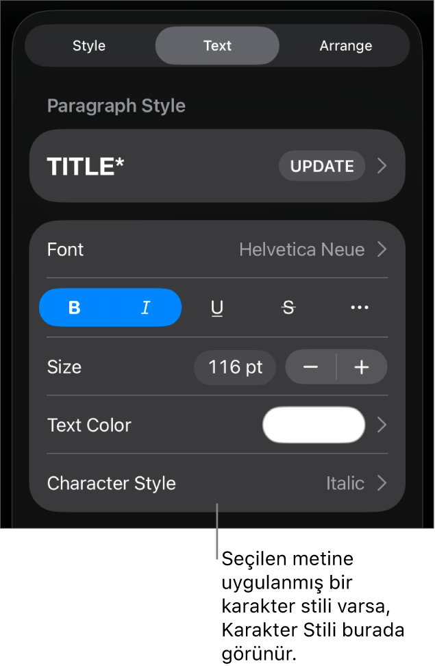 Renk denetimlerinin altında Karakter Stili ile Metin biçimleme denetimleri. Karakter stili olarak yanında yıldızla Yok görünüyor.