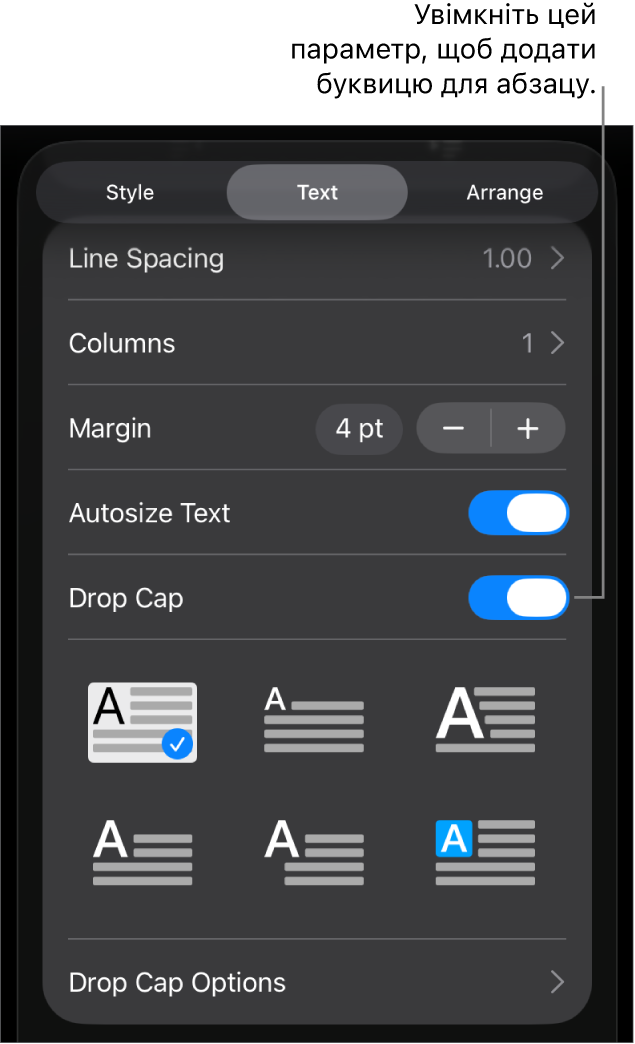 Елементи керування буквицями в меню «Текст».