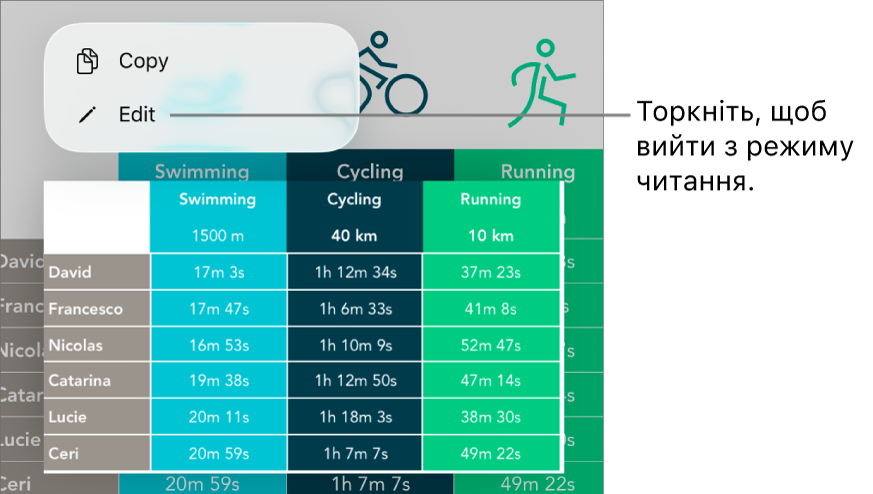 Вибрано клітинку в таблиці, зверху є меню з кнопками «Скопіювати» й «Редагувати».
