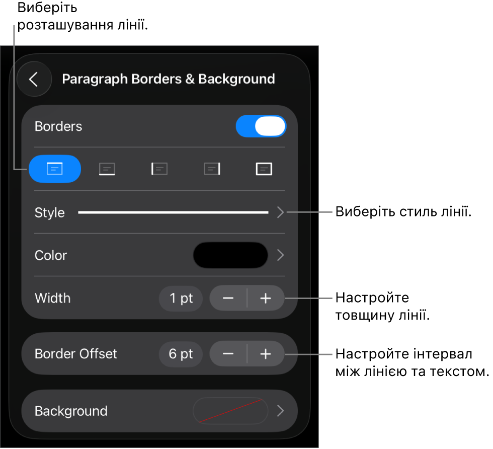 Елементи керування стилем, товщиною, положенням та кольором лінії.