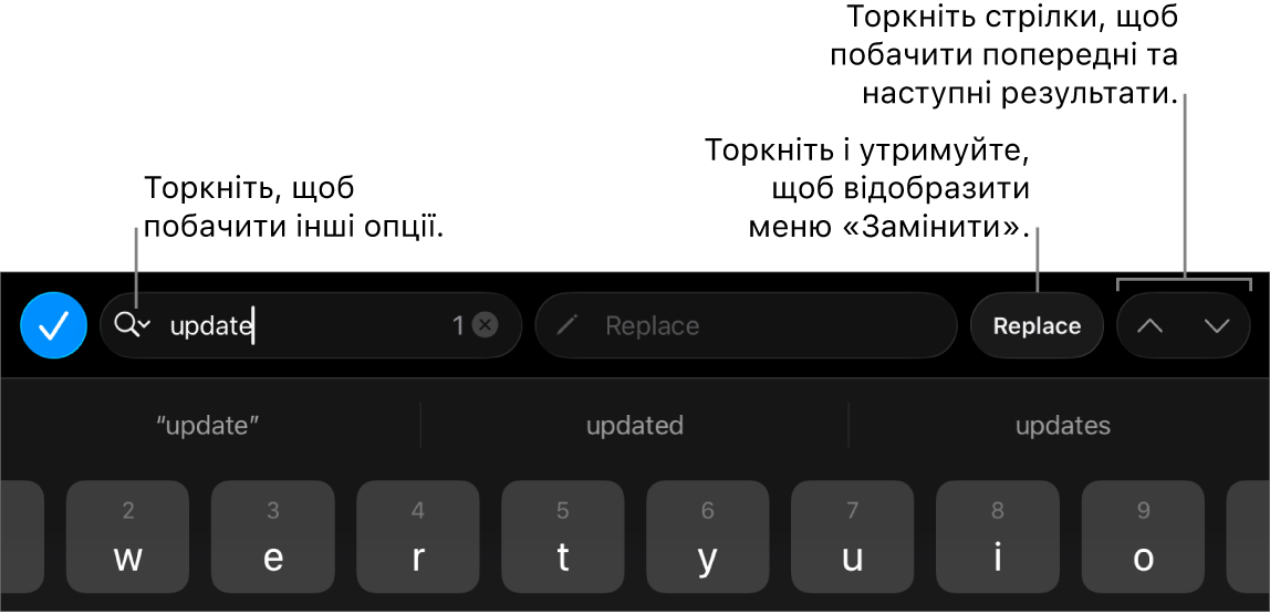 Елементи керування пошуком і заміною над клавіатурою з виносками на кнопки «Опції пошуку», «Замінити», «Перейти вгору» та «Перейти вниз».
