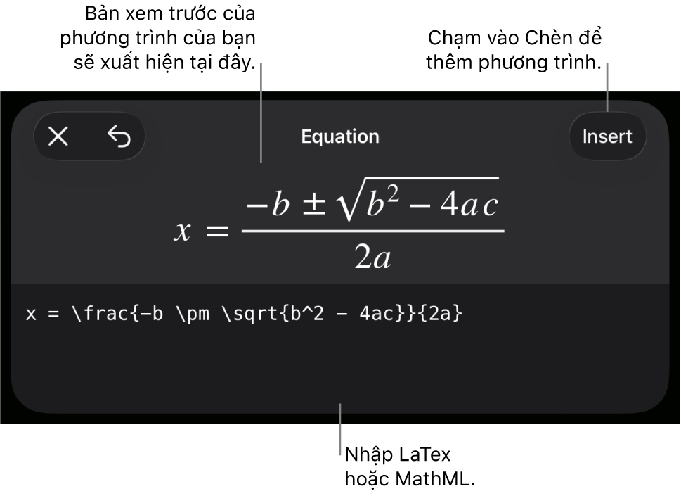 Hộp thoại Phương trình, đang hiển thị phương trình được viết bằng các lệnh MathML và bản xem trước của công thức ở bên trên.
