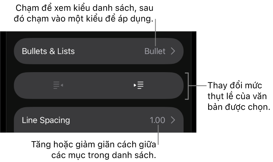 Phần Dấu đầu dòng & Danh sách của điều khiển Định dạng với các chú thích đến Dấu đầu dòng & Danh sách, các nút thụt lề và nhô lề và các điều khiển giãn cách dòng.