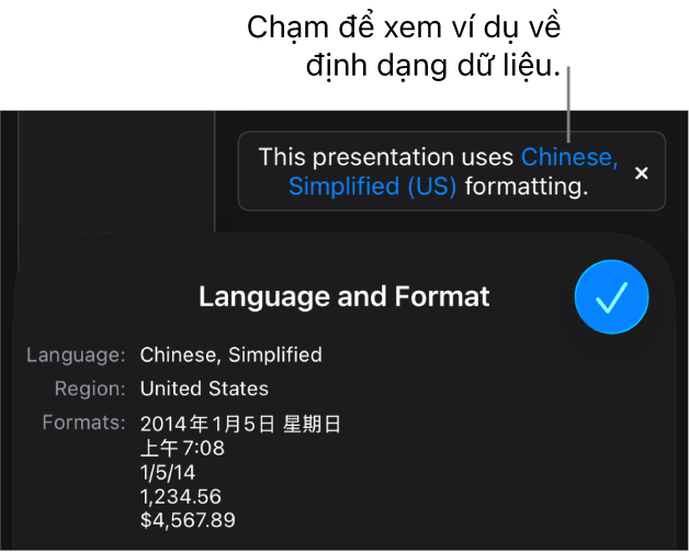 Thông báo về cài đặt ngôn ngữ và vùng khác, đang hiển thị các ví dụ về định dạng trong ngôn ngữ và vùng đó.