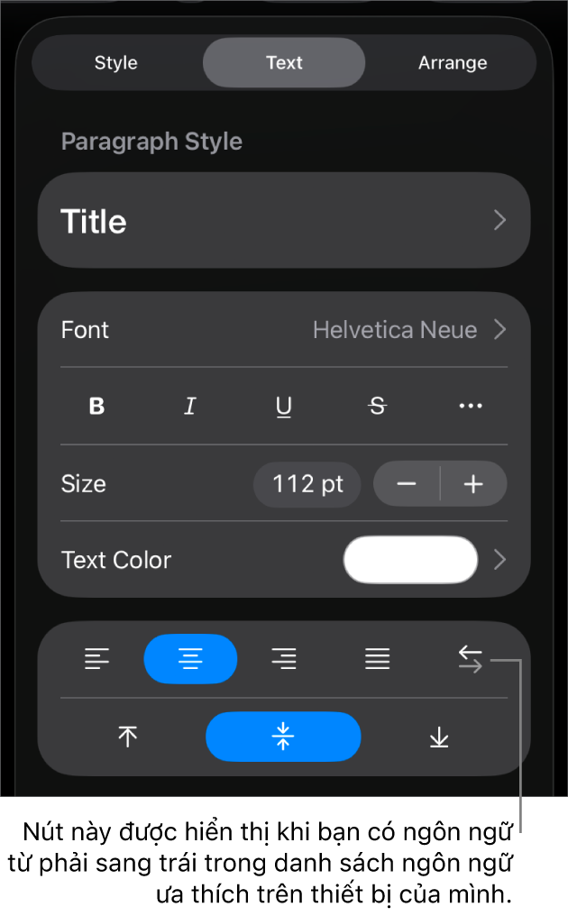 Các điều khiển văn bản trong menu Định dạng với chú thích tới nút Trái sang phải.