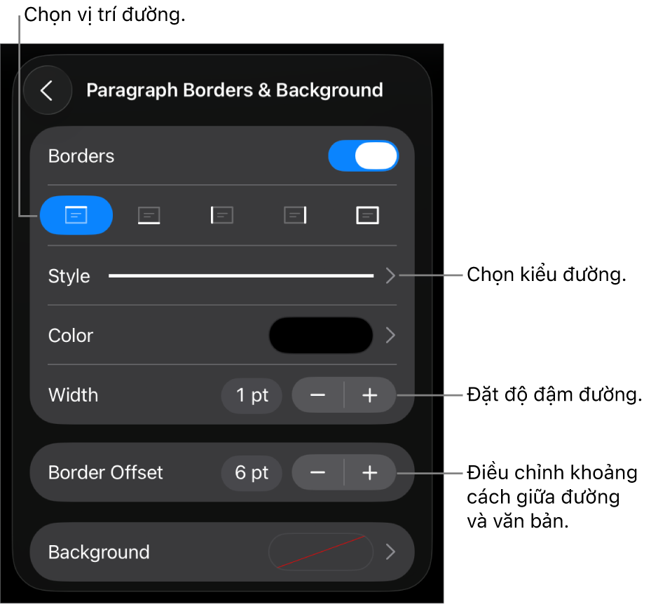 Các điều khiển để thay đổi kiểu đường, độ đậm, vị trí và màu.