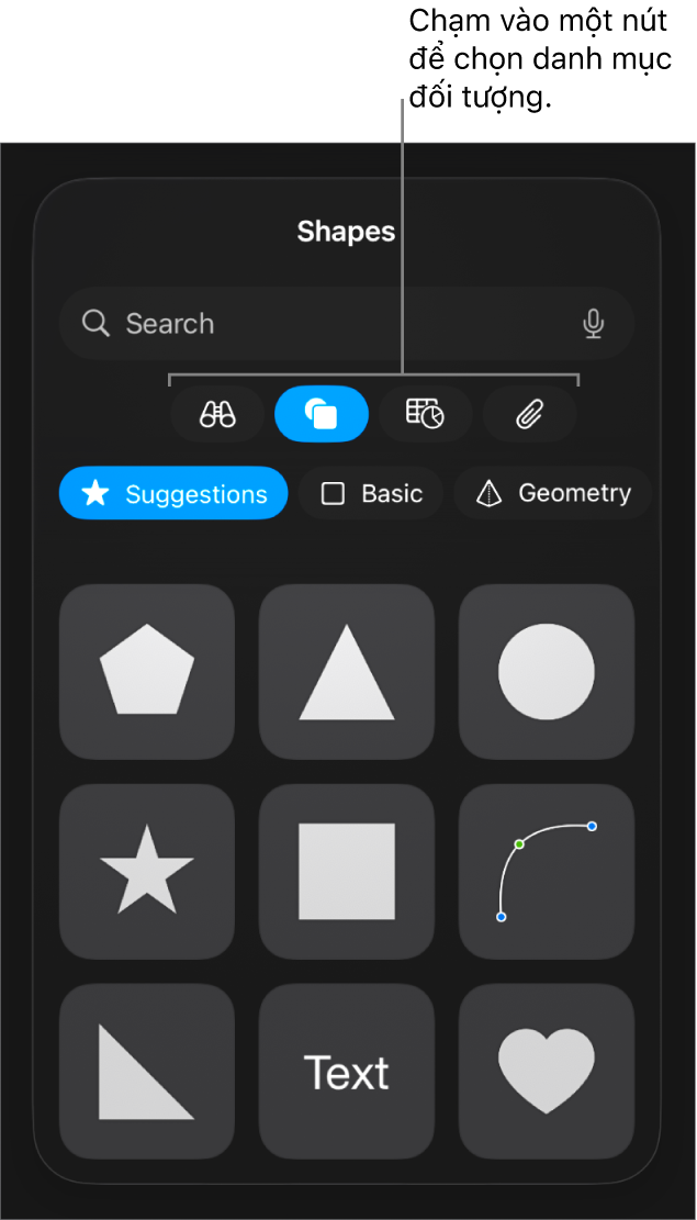Các điều khiển để thêm đối tượng, với các nút ở trên cùng để chọn bảng, biểu đồ, hình (bao gồm các đường và hộp văn bản) và phương tiện.