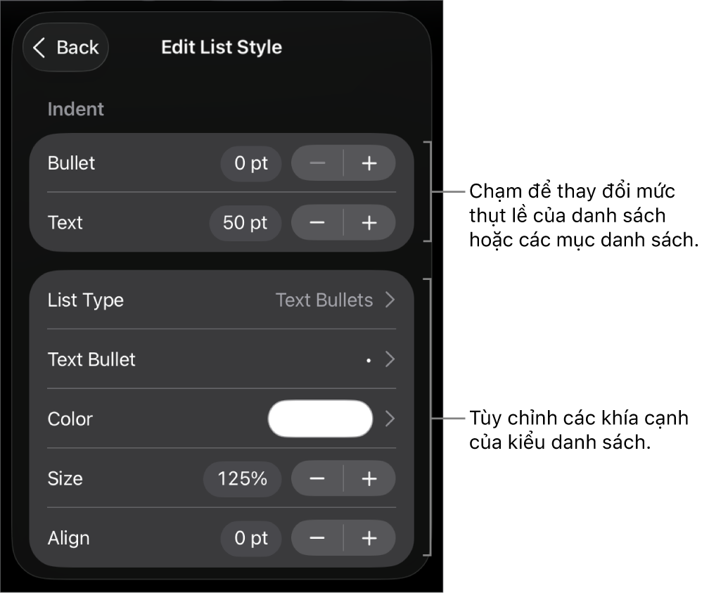 Menu Sửa kiểu danh sách với các điều khiển để sửa loại và giao diện của danh sách.