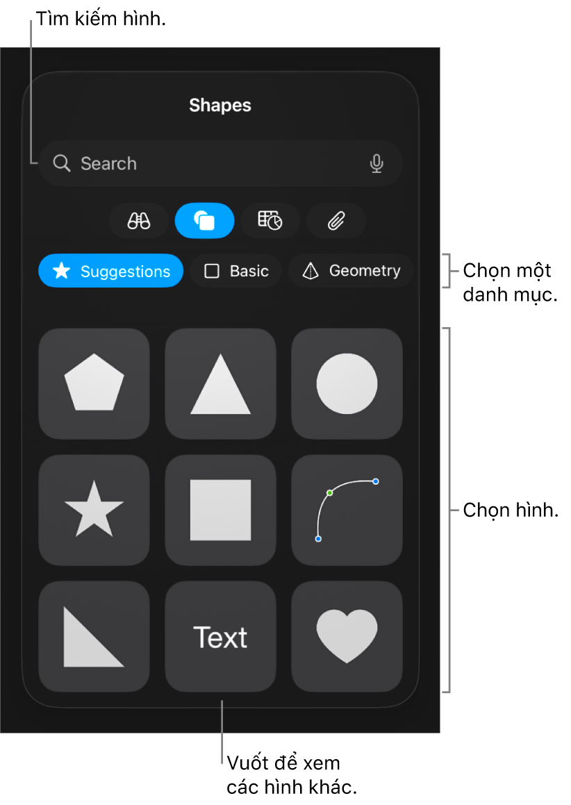 Thư viện hình dạng, với các danh mục ở trên cùng và các hình được hiển thị ở bên dưới. Bạn có thể sử dụng trường tìm kiếm ở trên cùng để tìm các hình và vuốt để xem thêm.