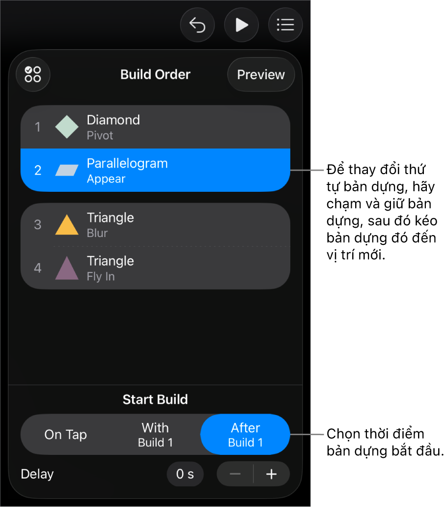 Danh sách Thứ tự Bản dựng đang hiển thị hiệu ứng xuất hiện với biểu tượng màu vàng và hiệu ứng biến mất với biểu tượng màu xám.