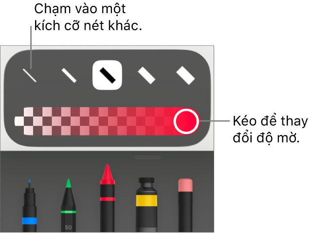Các điều khiển để chọn một kích cỡ nét và thanh trượt để điều chỉnh độ mờ.