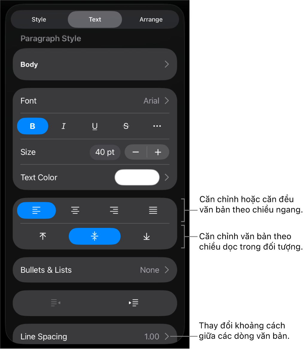 Khung Bố cục với các lời nhắc đến các nút căn chỉnh văn bản và giãn cách.