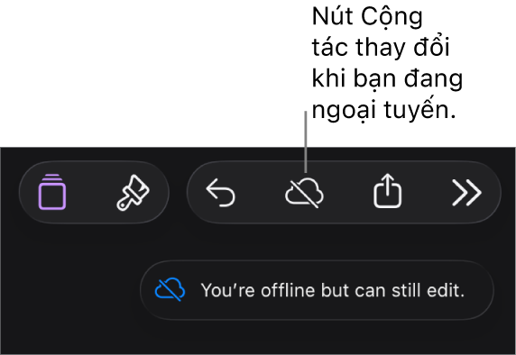 Các nút ở đầu màn hình, với nút Cộng tác được thay đổi thành đám mây với đường chéo xuyên qua. Cảnh báo trên màn hình cho biết “Bạn đang ngoại tuyến nhưng vẫn có thể sửa”.