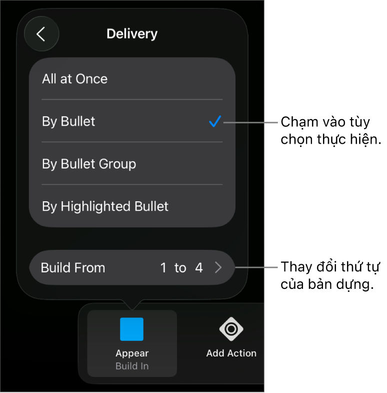 Tùy chọn Thực hiện trong khung Xuất hiện.