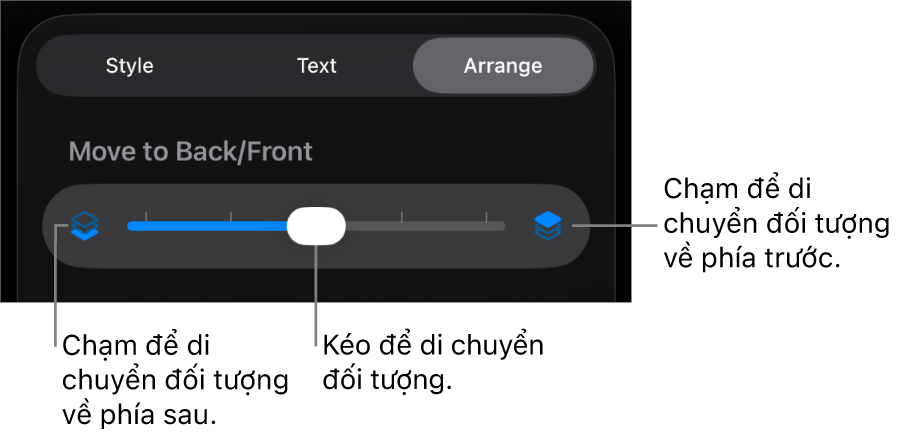 Nút Chuyển ra sau, nút Chuyển ra trước và thanh trượt tạo lớp.
