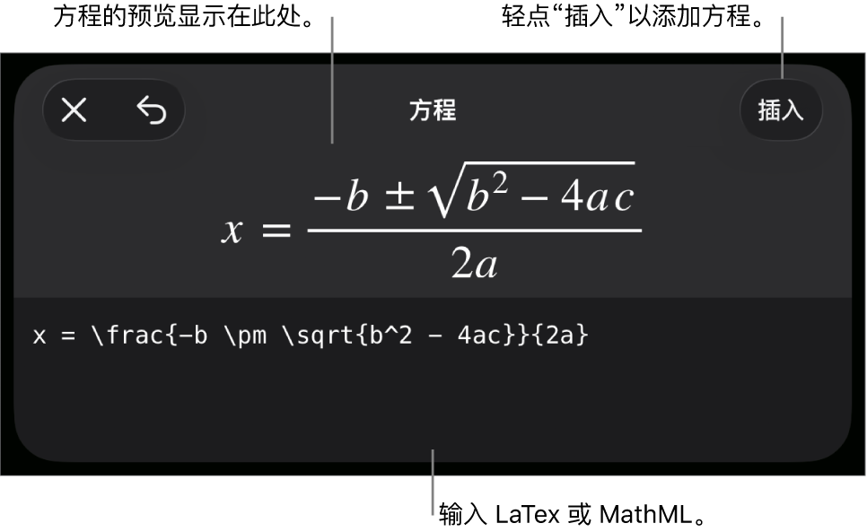 “方程”对话框，显示使用 MathML 命令所写的方程，以及上方公式的预览。