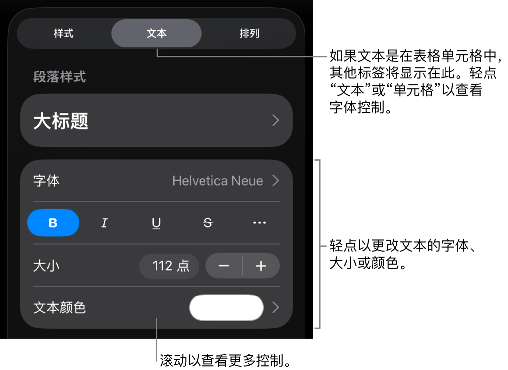 “格式”菜单中的“文本”控制，用于设定段落和字符样式、字体、大小和颜色。