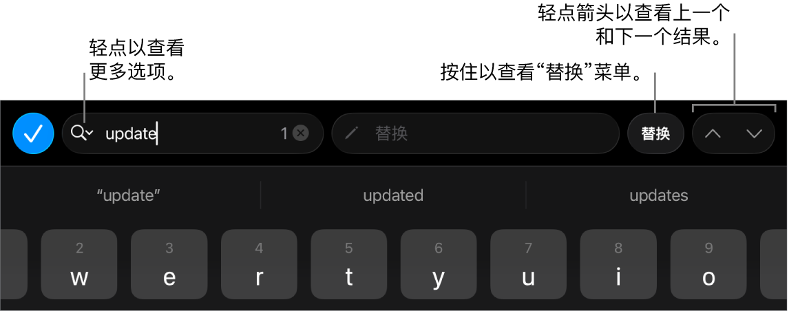 键盘上方的“查找与替换”控制,标注框指向“搜索选项”、“替换”、“前往上一个”和“前往下一个”按钮。
