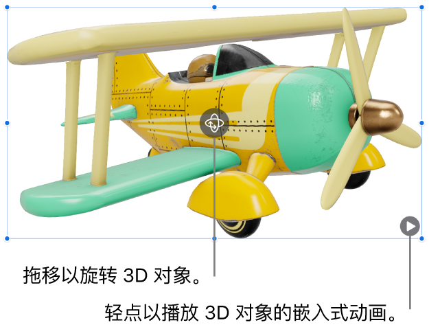 3D 对象,中心带有“旋转”按钮,右下角带有“播放”按钮。