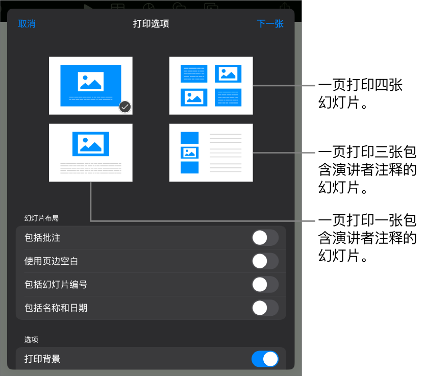 打印布局选项。