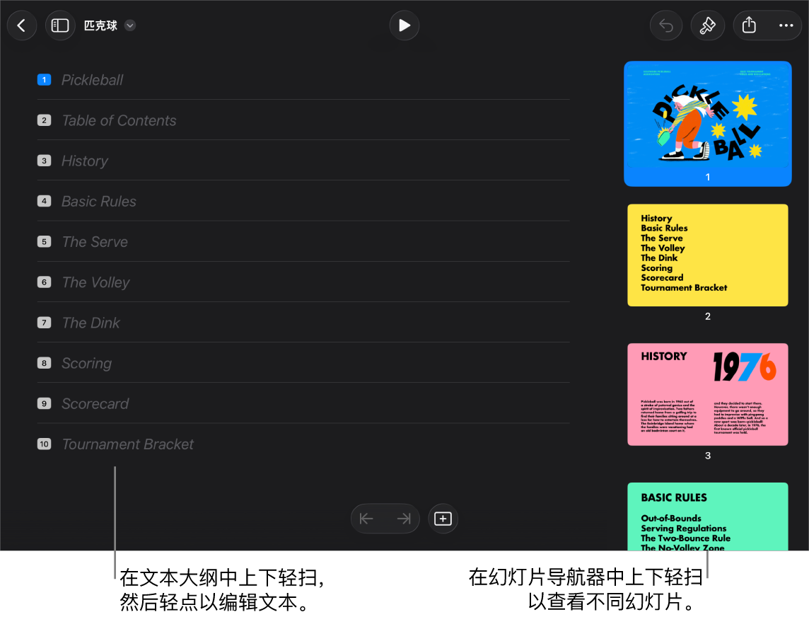 大纲视图,屏幕左侧是演示文稿的文本大纲,右侧是垂直的幻灯片导航器。