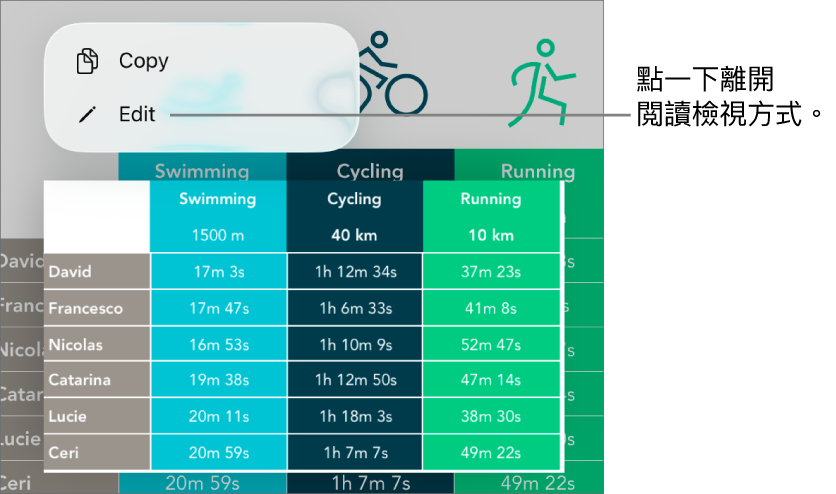 已選擇表格輸入格，其上方是包含「複製」和「編輯」按鈕的選單。