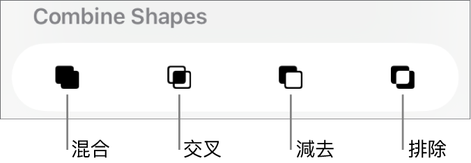 「混合」、「交叉」、「減去」和「排除」按鈕位於「合併形狀」下方。