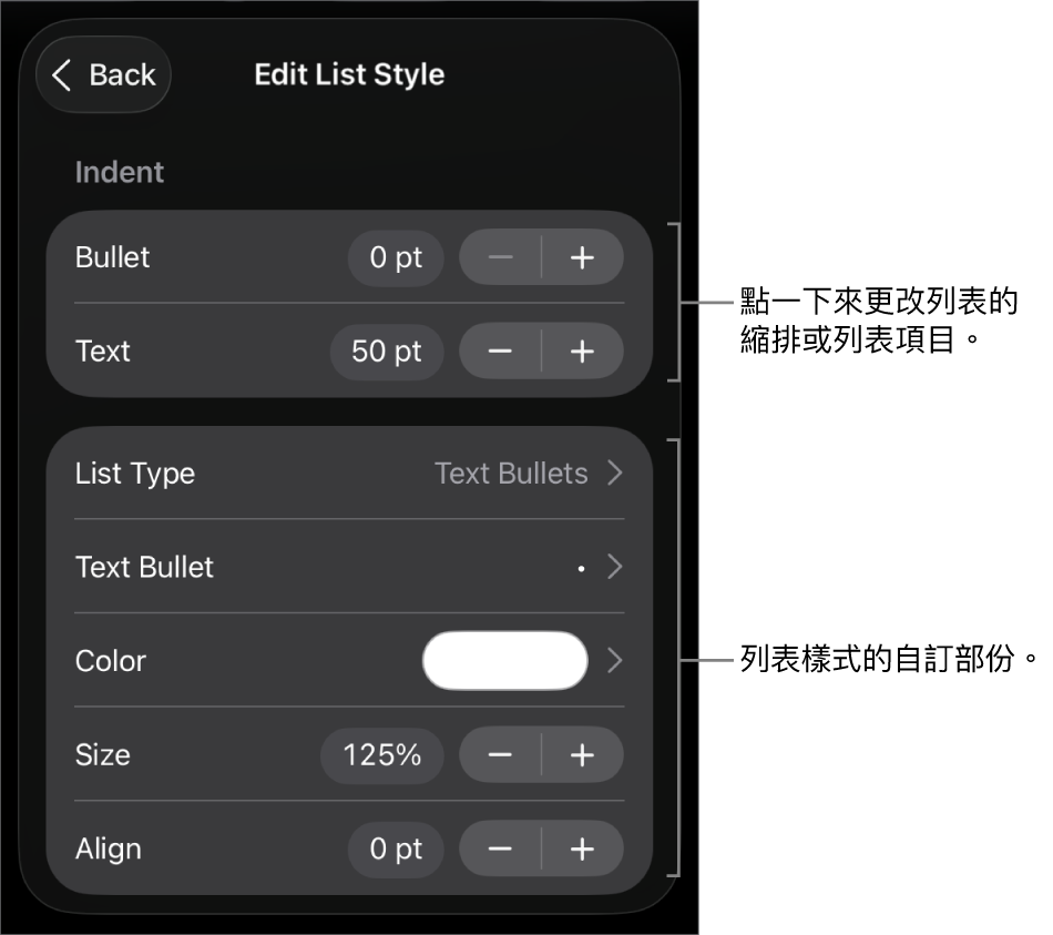 「編輯列表樣式」選單，其中包括用於編輯列表樣式和外觀的控制項目。