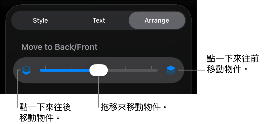 「後移」按鈕、「前移」按鈕及分層滑桿。