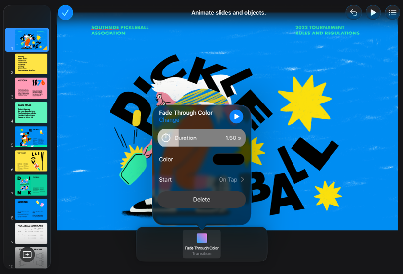 Keynote App 的畫面底部顯示「動畫效果」控制項目。