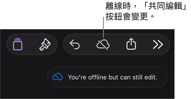 螢幕最上方的按鈕，其中「共同編輯」按鈕已變成被對角線劃過的雲朵圖像。螢幕上的警示顯示「你已離線，但仍可進行編輯。」
