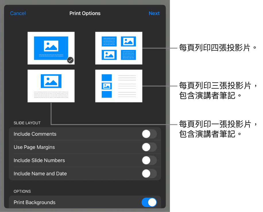 列印佈局選項。
