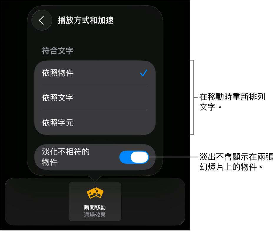 「加速」面板中的「瞬間移動」播放方式和加速選項。