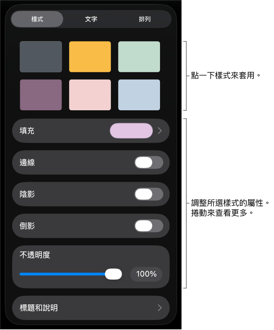「格式」選單中的「樣式」標籤頁，最上方為物件樣式，下方為用於更改邊線、形狀、倒影和不透明度的控制項目。
