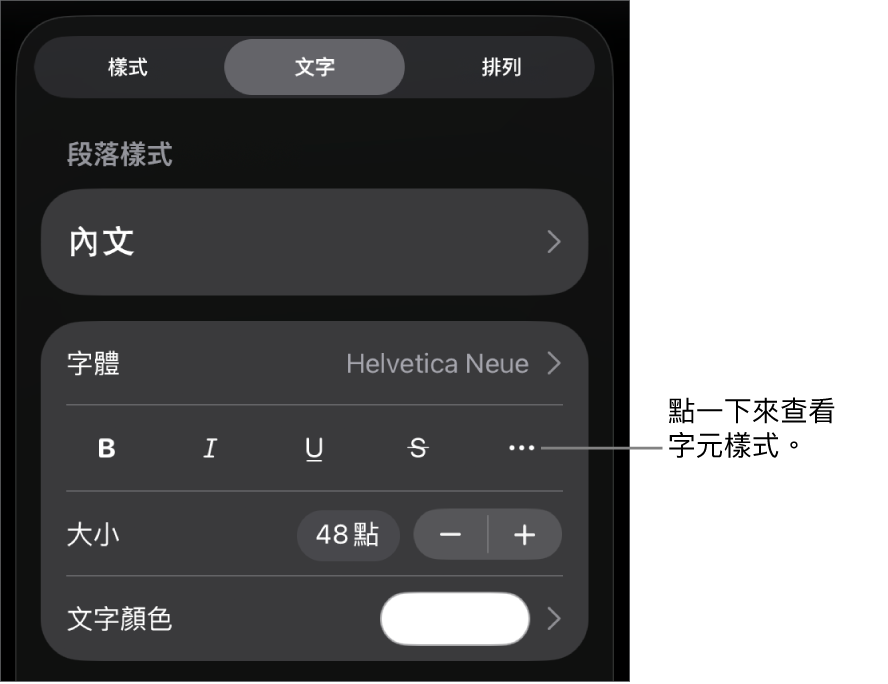 帶有段落樣式的「格式」控制項目位於最上方,然後是「字體」控制項目。「字體」下方為「粗體」、「斜體」、「底線」、「刪除線」和「更多文字選項」按鈕。