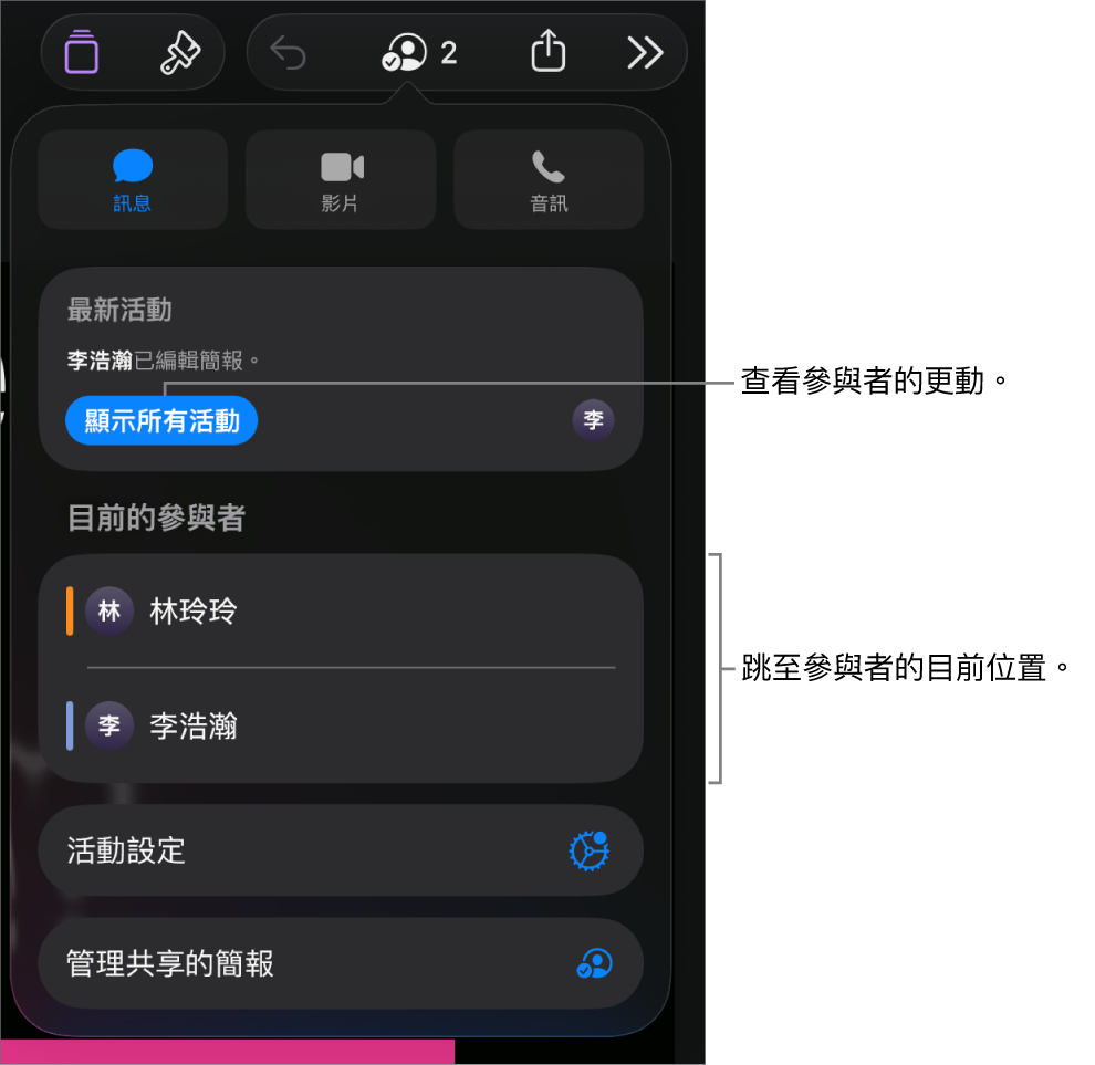 合作選單列出目前的參與者。