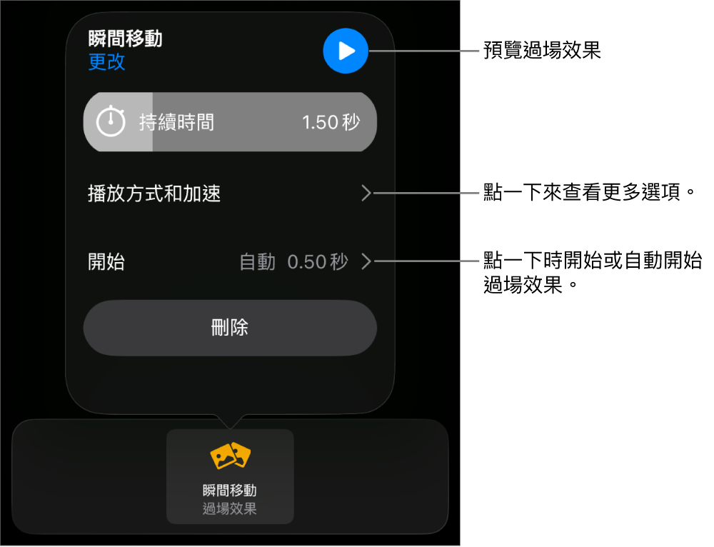 「過場效果」面板中的「瞬間移動」控制項目。