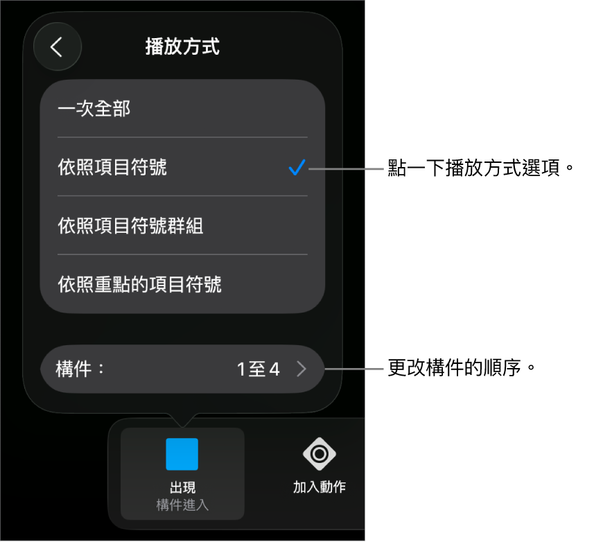 「構件進入」面板中的「播放方式」選項。