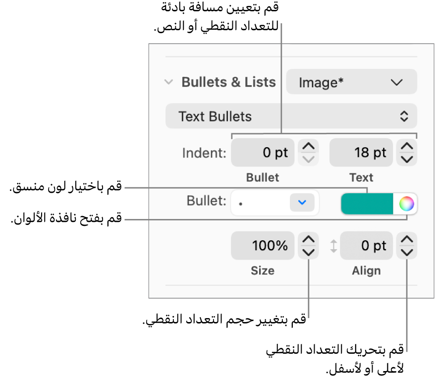 قسم التعداد الرقمي والنقطي مع وسائل شرح لعناصر التحكم في المسافة البادئة للنص والتعداد النقطي، ولون التعداد النقطي، وحجم التعداد النقطي، والمحاذاة.