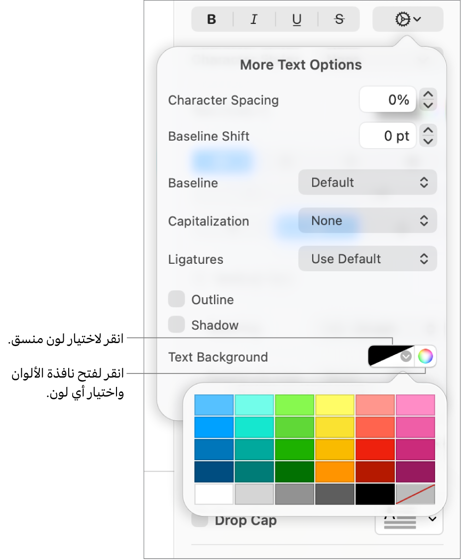 عناصر تحكم لاختيار لون خلفية للنص.