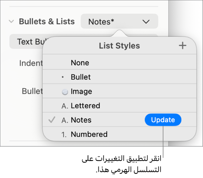 القائمة المنبثقة أنماط القائمة بها زر تحديث بجوار اسم النمط الجديد.