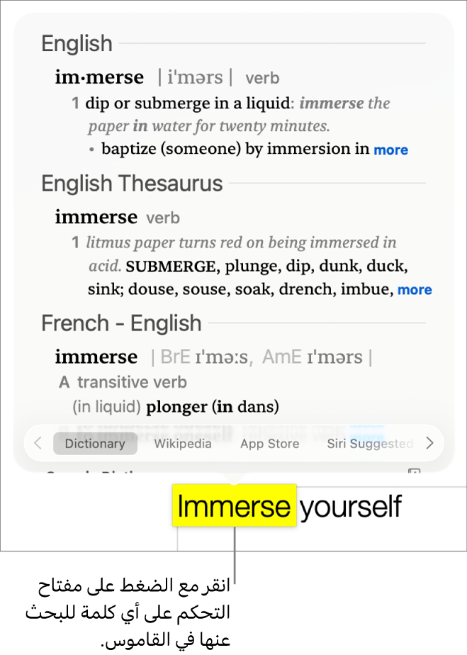 نص به كلمة تم تمييزها ونافذة تعرض التعريف الخاص بالكلمة وإدخال من قاموس المرادفات. زران في الجزء السفلي من النافذة يقدمان روابط إلى القاموس وإلى ويكيبيديا.