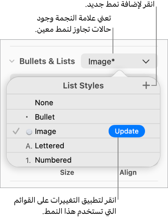 القائمة المنبثقة أنماط القائمة تعرض علامة نجمية تشير إلى تجاوز ووسائل شرح لزر نمط جديد وقائمة فرعية بخيارات لإدارة الأنماط.